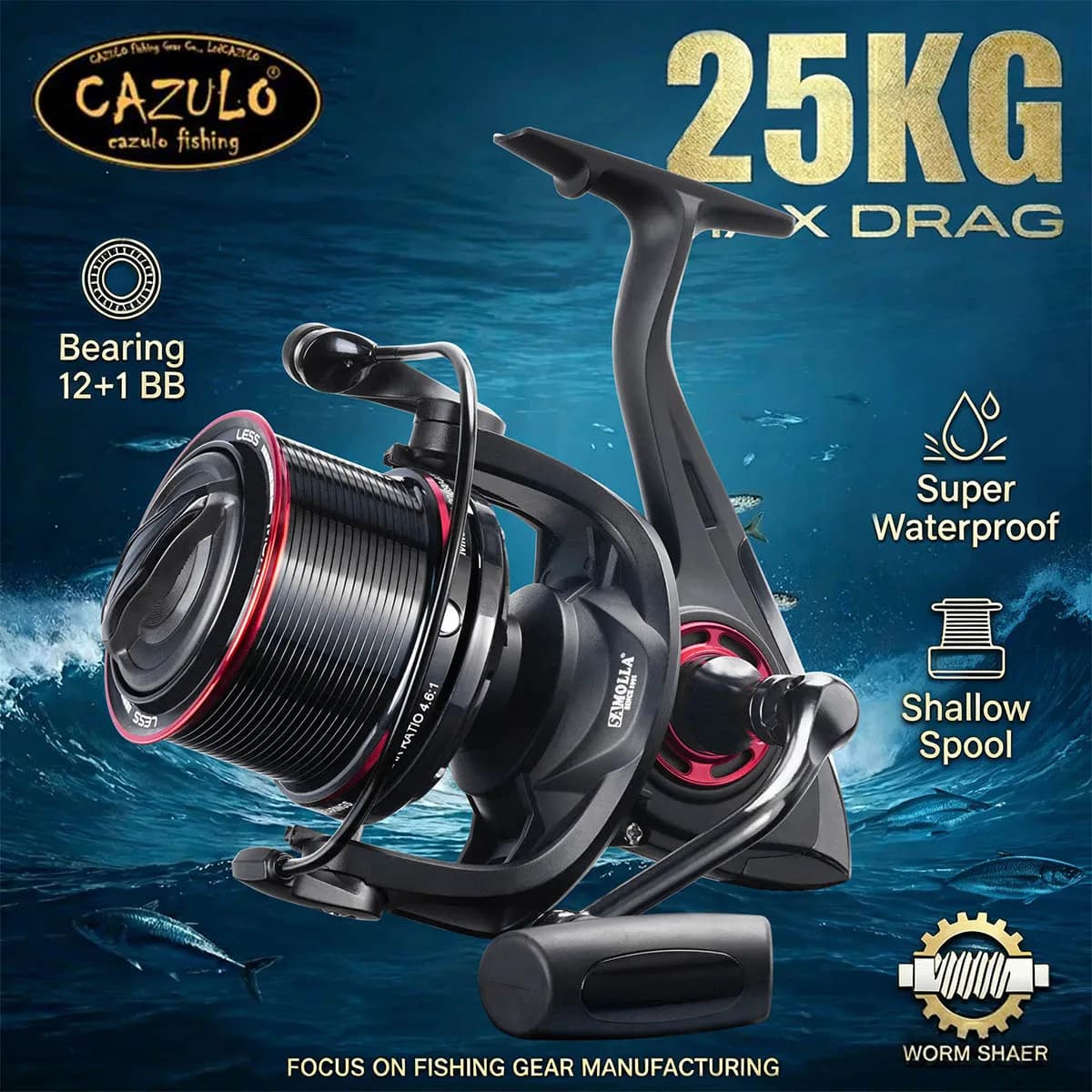 Carrete de Pesca Giratorio de Largo Alcance CAZULO para Pesca en Playa y Agua Salada, Resistente a la Corrosión y al Agua de Mar, Tamaños 8000 a 12000