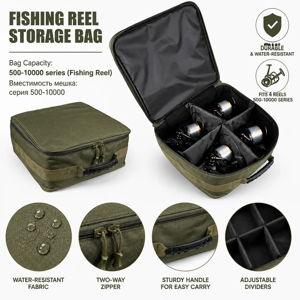 Bolsa de Pesca Impermeable, con 4 Divisores Ajustables, Estuche de Almacenamiento Portátil para Carretes de Spinning, Baitcasting y Mosca, y Accesorios