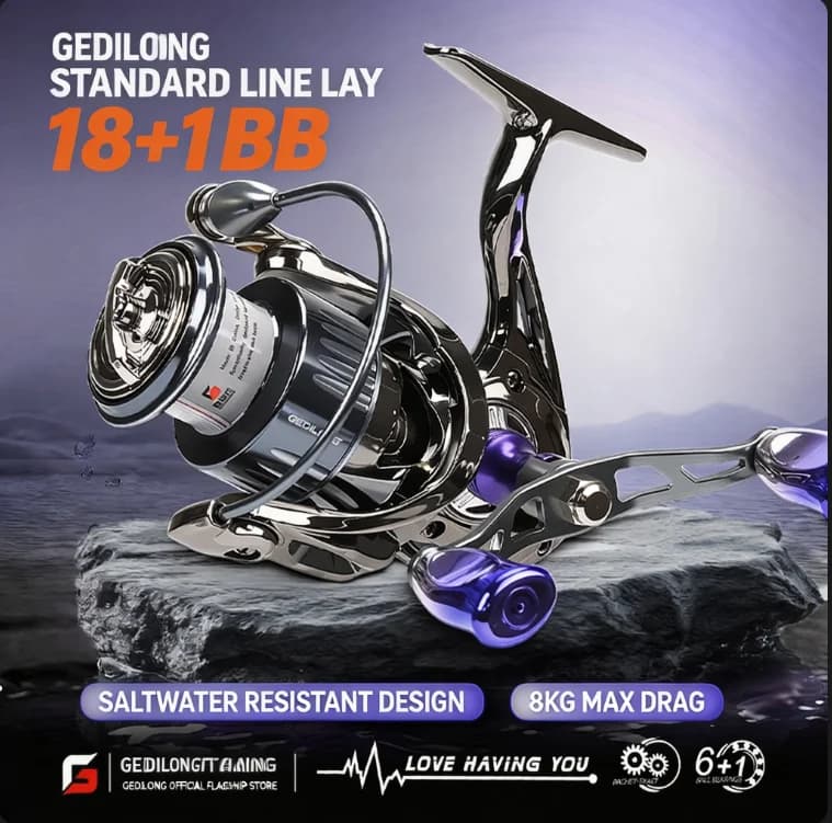 Carrete de Pesca Giratorio Gedilong, Totalmente Metálico, de Largo Alcance, con Bobina Poco Profunda, para Pesca con Señuelos, de Uso General, para Agua Salada y Dulce