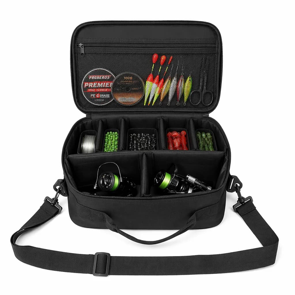 Estuche para Carretes de Pesca de 8 Compartimentos, Bolsa de Almacenamiento Impermeable y Anticaídas, Organizador Cuadrado de Tela Oxford para Carretes de Spinning, Baitcasting y Fly Fishing