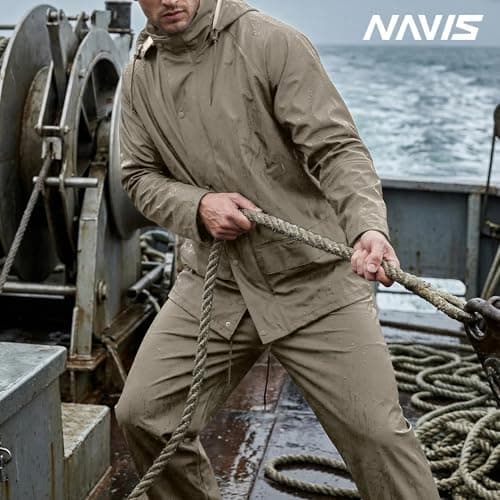 Navis Marine Traje de Lluvia Hombre Impermeable PU - Chaqueta y Peto Ajustable con Capucha Extraíble para Pesca, Construcc... 3