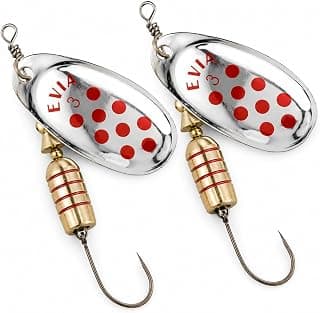 Pack 2 Cucharillas de Pesca Dotty Modelo 11 Nº 3, 6,4 g, Color Plata con Pintas Rojas, Anzuelo Simple sin Muerte, Señuelos Giratorios para Trucha, Perca y Depredadores