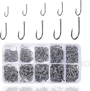 500pcs Anzuelos para Pesca de Acero al Carbono Anzuelos de Pesca en 10 Tamaños Anzuelos de Púas Ganchos de Pesca con Caja de Plástico para Agua Dulce Mar Pista de Peces Agua Salada