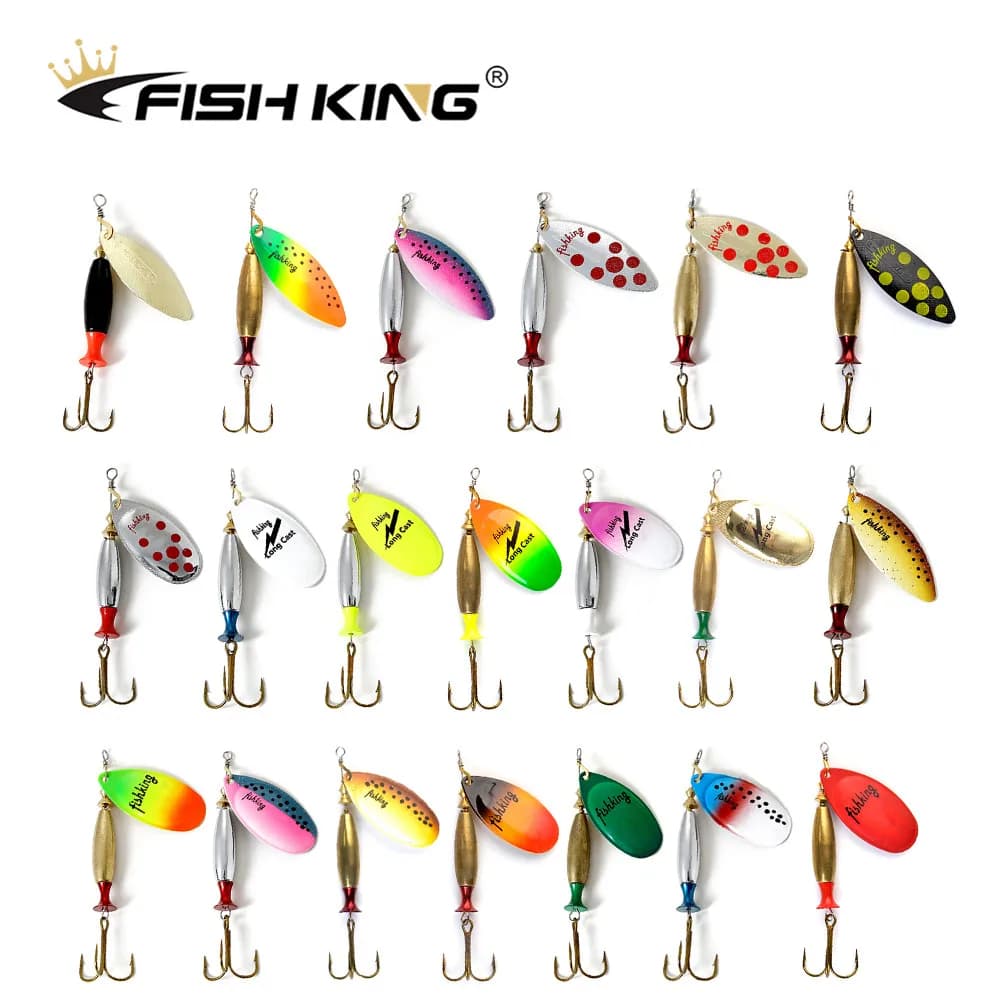 FISH KING-señuelo de pesca de Metal, señuelos de pesca señuelos pesca cucharillas de pesca rapalas decebo giratorio de Material de latón, eje de acero inoxidable, cebos duros afilados, anzuelo triple, aparejos de pesca