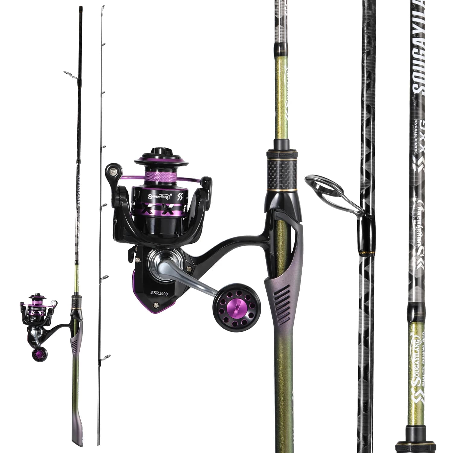 Sougayilang - Combo de Caña de Pescar Giratoria de 1.8M y 2 Secciones, Fibra de Carbono Sólida, Potencia MH, Relación de Engranajes 5.0:1, Arrastre de 8KG, Equipo de Pesca