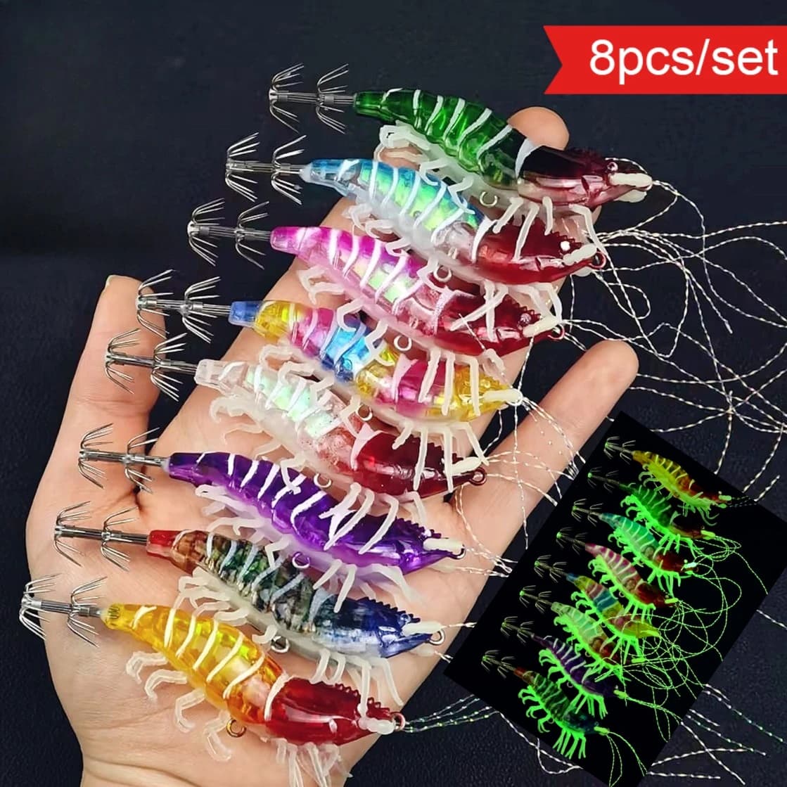 Juego de 8 señuelos horizontales Egi de 8 cm con luz UV para pesca de calamar, camarón, langostino, pulpo y sepias en agua salada