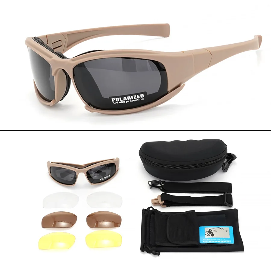 Nuevas gafas tácticas de 4 lentes: gafas de seguridad polarizadas a prueba de viento y polvo para deportes al aire libre (escalada, ciclismo, pesca)