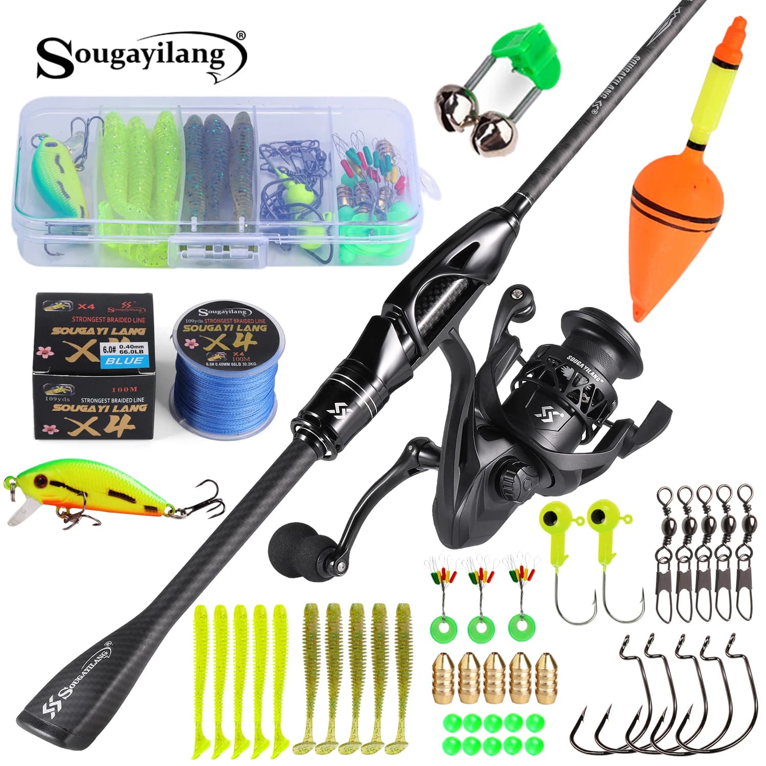 Combo de Caña y Carrete de Pesca Sougayilang, Kit Completo con Línea, Señuelos y Accesorios, Caña de Carbono con Punta Sólida y Carrete para Agua Dulce y Salada