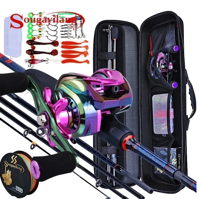 Cañas y carretes de pesca Sougayilang, caña de carbono de 5 secciones, carrete de Baitcasting, juego de cañas de pescar de viaje con kits completos, bolsa de transporte