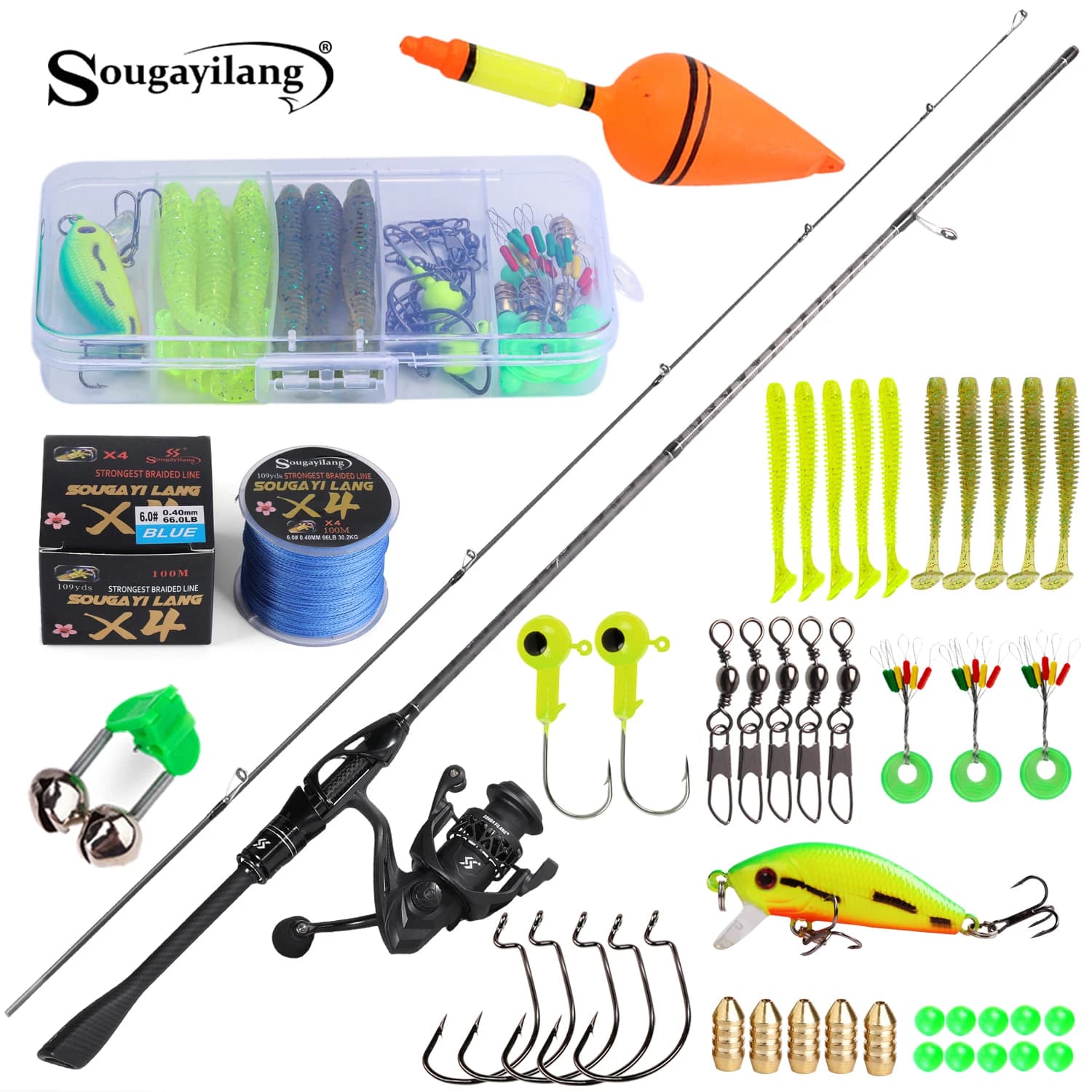 Combo de Caña y Carrete de Pesca Sougayilang, Kit Completo con Línea, Señuelos y Accesorios, Caña de Carbono con Punta Sólida y Carrete para Agua Dulce y Salada
