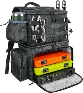 MATEIN Mochila Pesca Impermeable con Soporte para Caña, Mochila de Pesca | Estructura Doble con Compartimento Térmico, Mochilas de Pesca para Senderismo y Camping, Regalo para Pescadores, Camuflaje