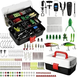 213 Piezas Kit de Pesca Completo con Caja Tackle, Ganchos, Tijeras, Cebos, Popper, Señuelos, Alicates Pesca y Accesorios Más, Cosas Pesca Compactos Portátiles para Pescadores Río, Lago, Mar